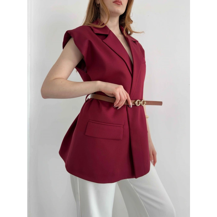 Kemer Detaylı Kruvaze Yaka Yelek Bordo