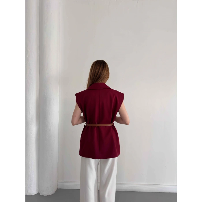 Kemer Detaylı Kruvaze Yaka Yelek Bordo