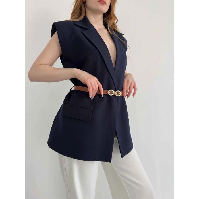 Kemer Detaylı Kruvaze Yaka Yelek Lacievert