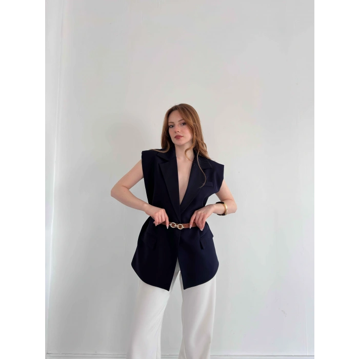 Kemer Detaylı Kruvaze Yaka Yelek Lacievert