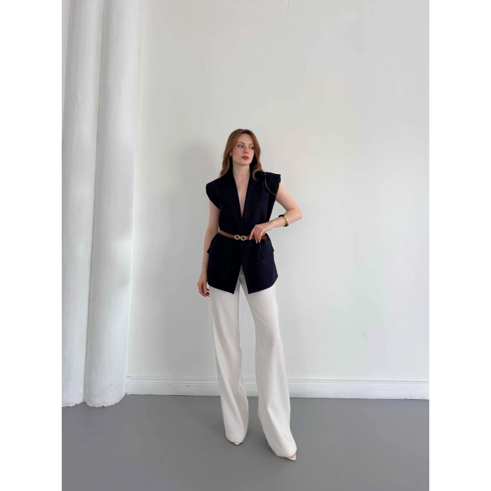 Kemer Detaylı Kruvaze Yaka Yelek Lacievert