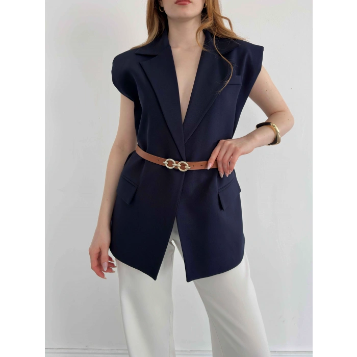 Kemer Detaylı Kruvaze Yaka Yelek Lacievert