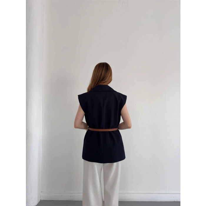 Kemer Detaylı Kruvaze Yaka Yelek Lacievert