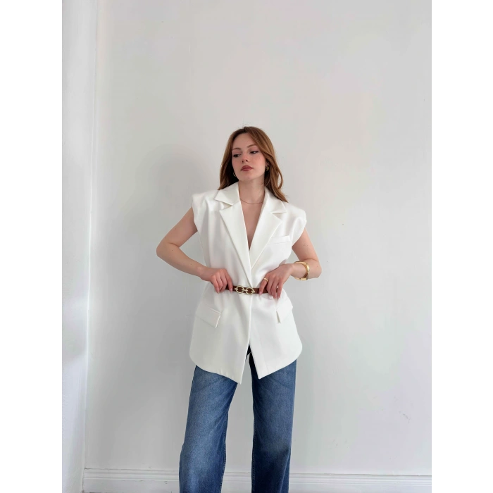 Kemer Detaylı Kruvaze Yaka Yelek Beyaz