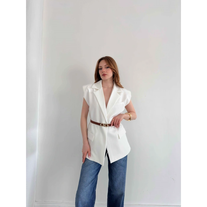 Kemer Detaylı Kruvaze Yaka Yelek Beyaz