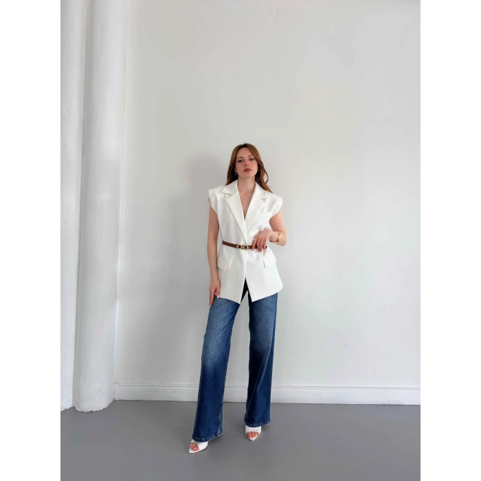Kemer Detaylı Kruvaze Yaka Yelek Beyaz