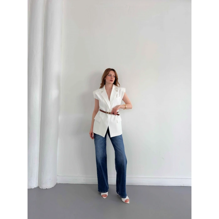 Kemer Detaylı Kruvaze Yaka Yelek Beyaz
