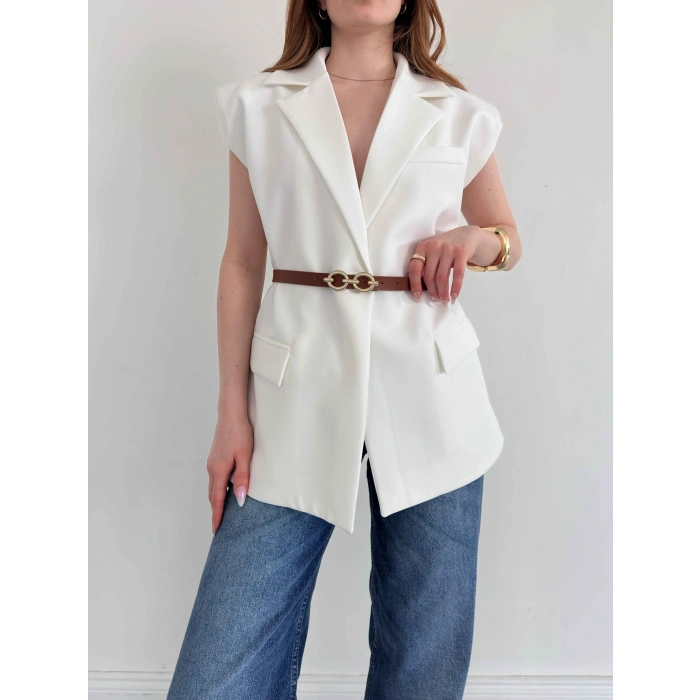 Kemer Detaylı Kruvaze Yaka Yelek Beyaz