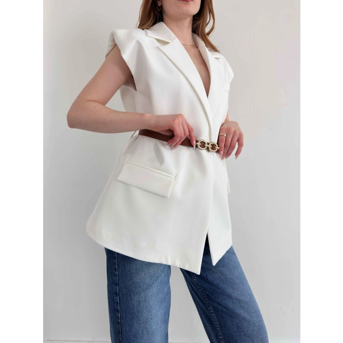 Kemer Detaylı Kruvaze Yaka Yelek Beyaz