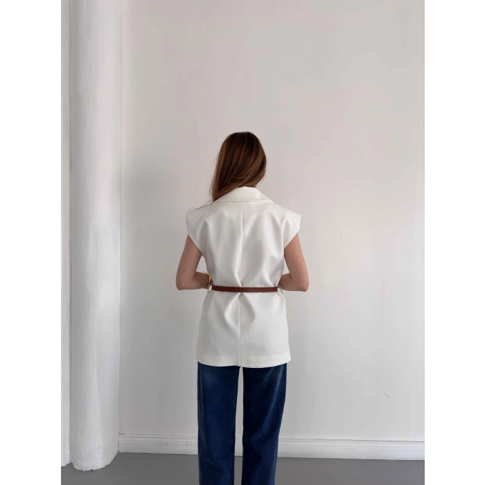 Kemer Detaylı Kruvaze Yaka Yelek Beyaz