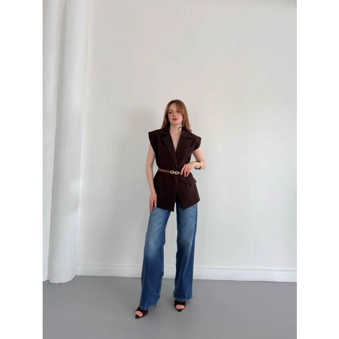 Kemer Detaylı Kruvaze Yaka Yelek Kahve