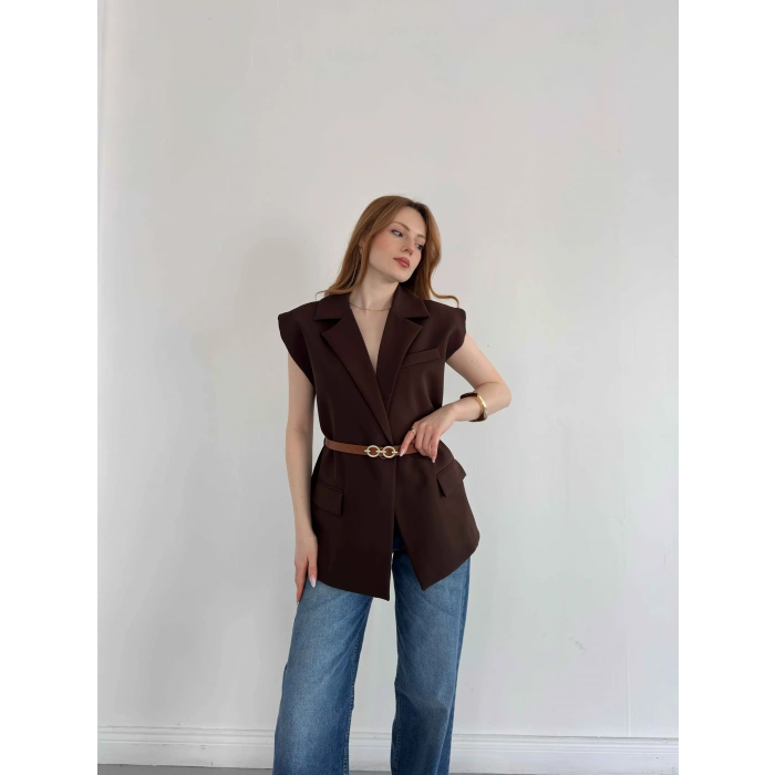 Kemer Detaylı Kruvaze Yaka Yelek Kahve