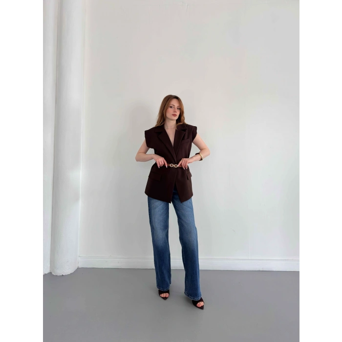 Kemer Detaylı Kruvaze Yaka Yelek Kahve