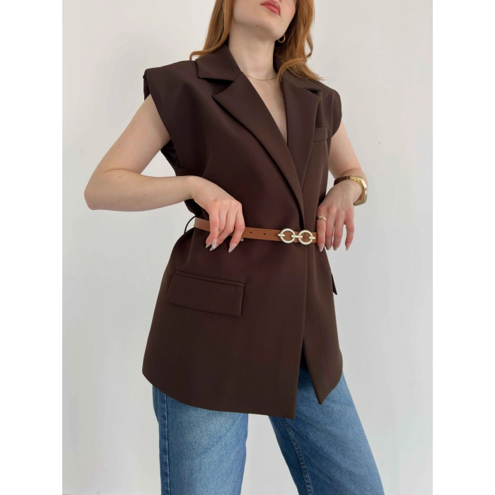 Kemer Detaylı Kruvaze Yaka Yelek Kahve