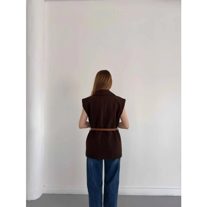 Kemer Detaylı Kruvaze Yaka Yelek Kahve