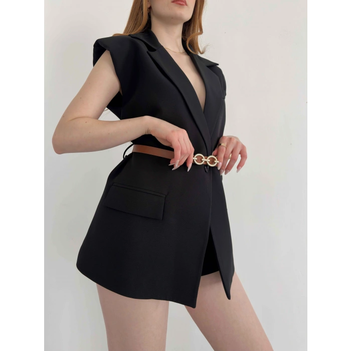 Kemer Detaylı Kruvaze Yaka Yelek Siyah