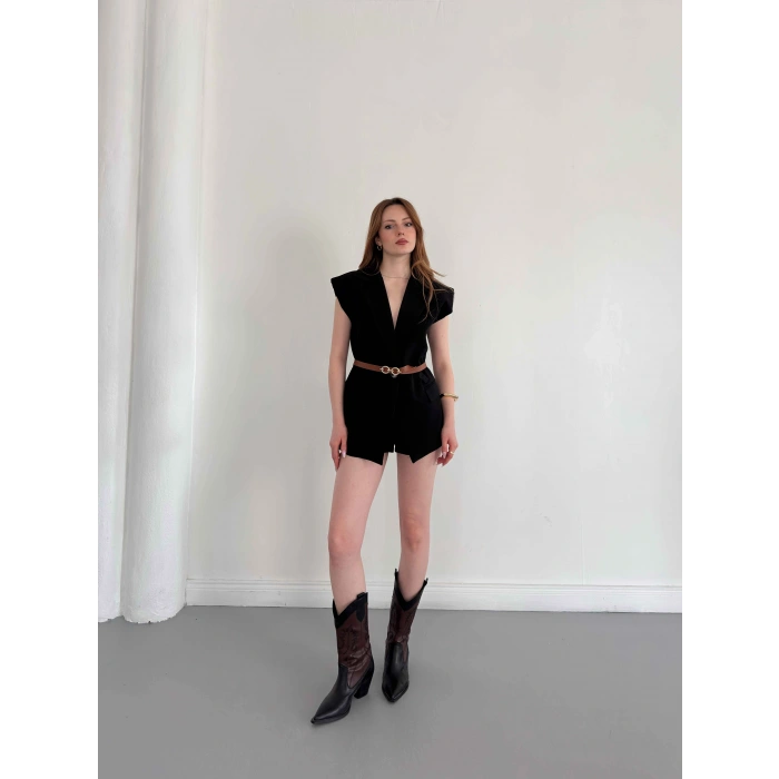 Kemer Detaylı Kruvaze Yaka Yelek Siyah