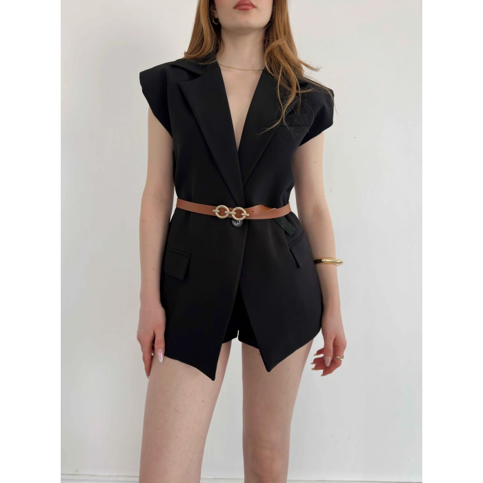 Kemer Detaylı Kruvaze Yaka Yelek Siyah