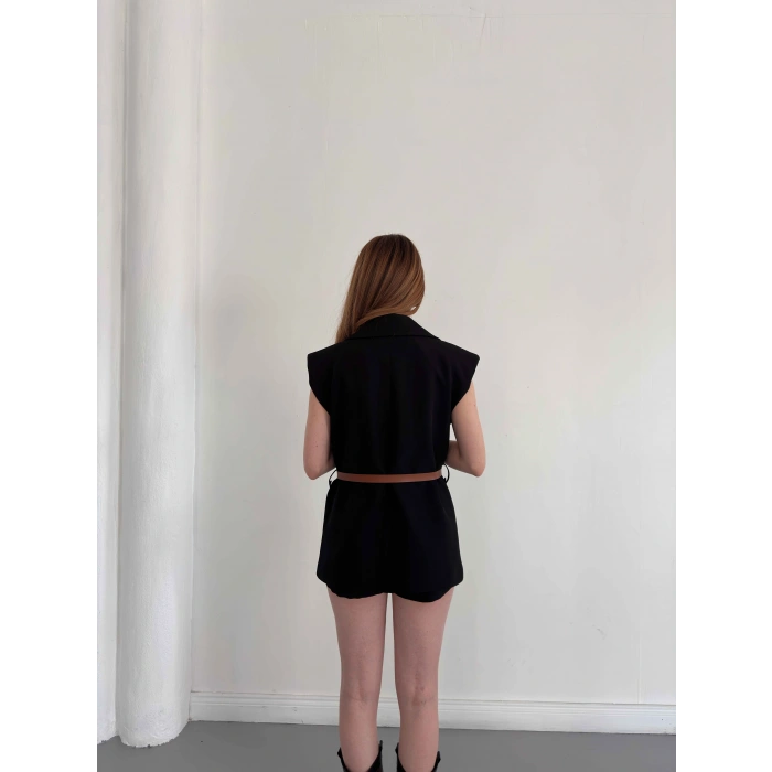 Kemer Detaylı Kruvaze Yaka Yelek Siyah