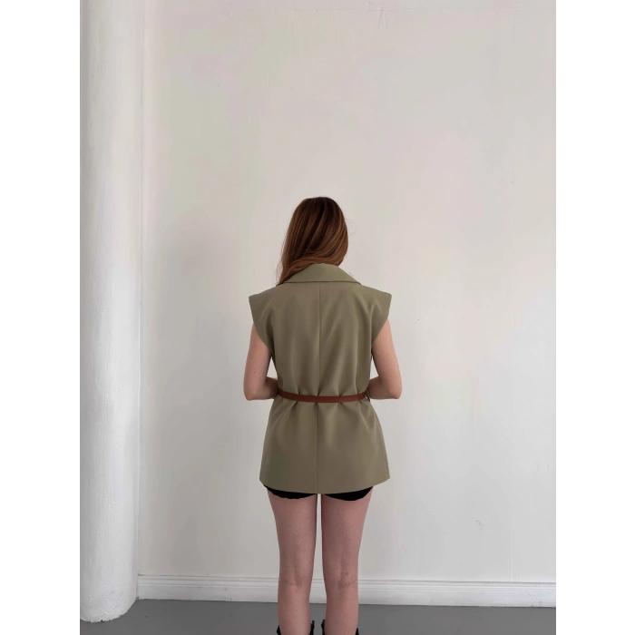 Kemer Detaylı Kruvaze Yaka Yelek Haki