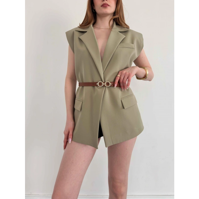 Kemer Detaylı Kruvaze Yaka Yelek Haki