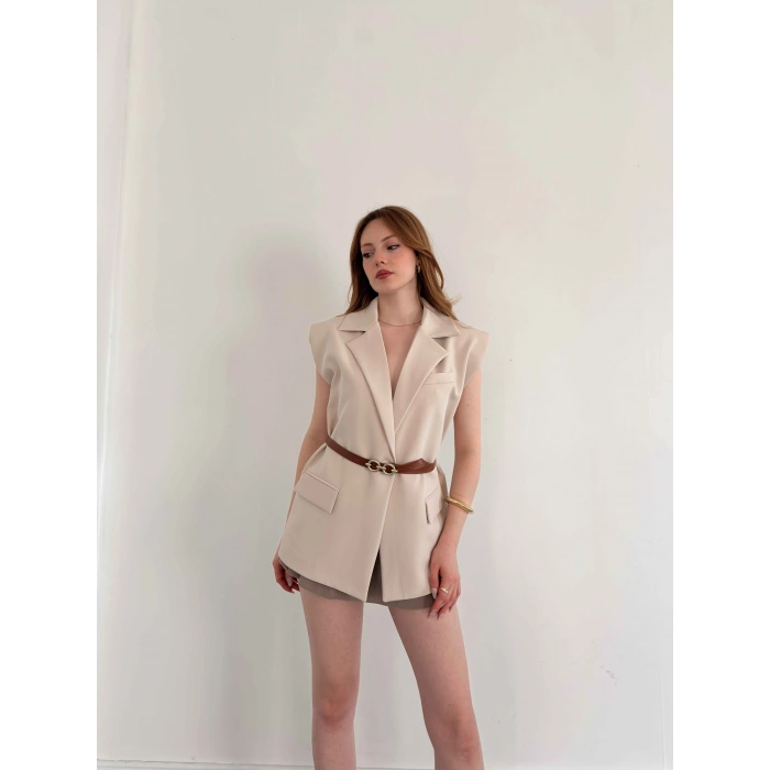 Kemer Detaylı Kruvaze Yaka Yelek Bej