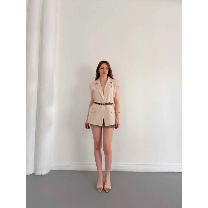 Kemer Detaylı Kruvaze Yaka Yelek Bej