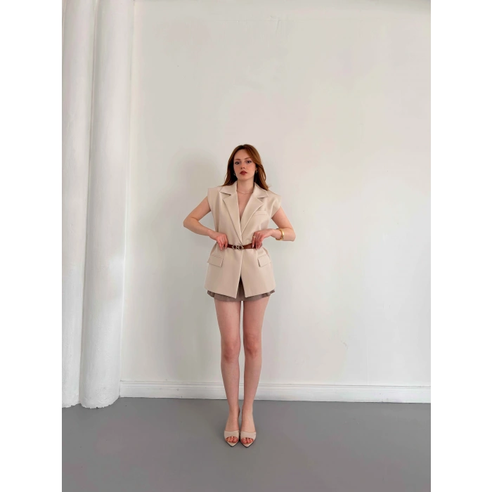 Kemer Detaylı Kruvaze Yaka Yelek Bej