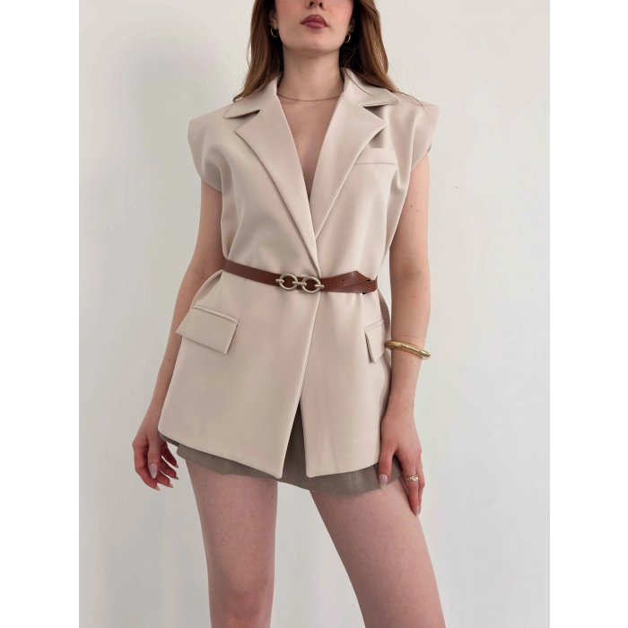 Kemer Detaylı Kruvaze Yaka Yelek Bej