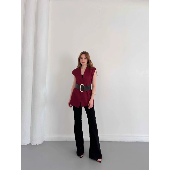 Kalın Kemer Detaylı Yelek Bordo