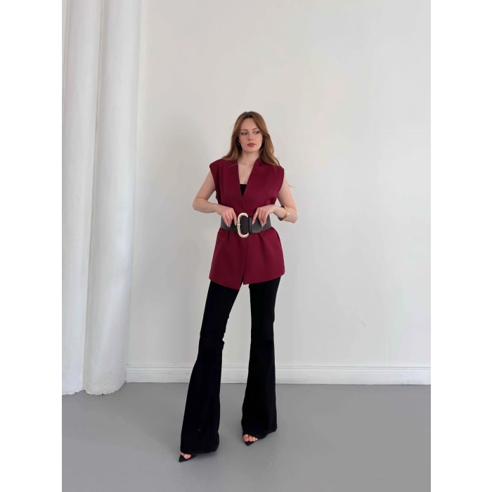 Kalın Kemer Detaylı Yelek Bordo