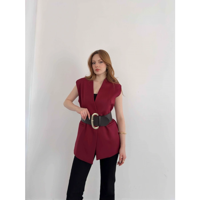 Kalın Kemer Detaylı Yelek Bordo