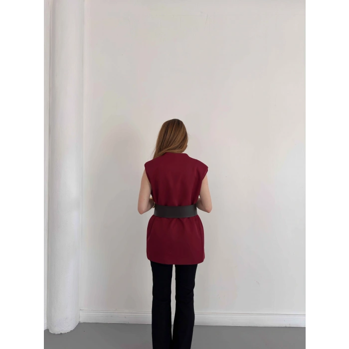 Kalın Kemer Detaylı Yelek Bordo