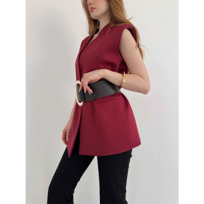 Kalın Kemer Detaylı Yelek Bordo