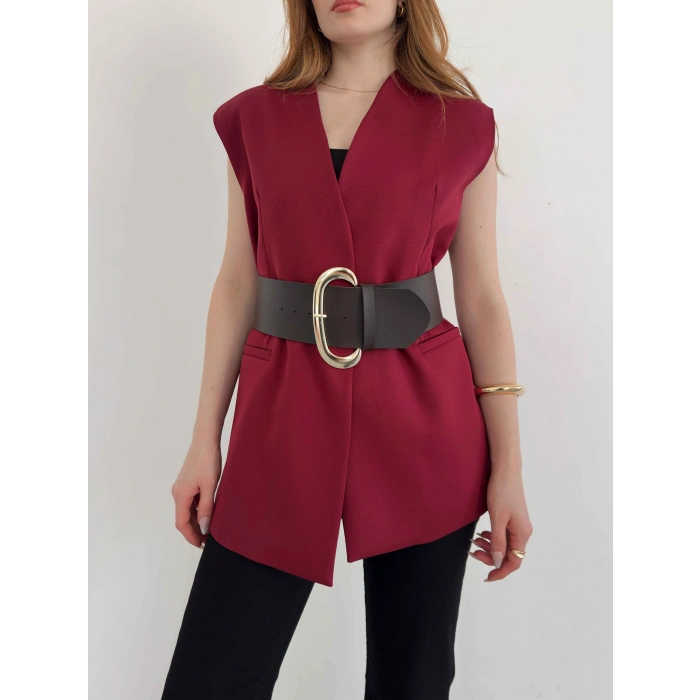 Kalın Kemer Detaylı Yelek Bordo