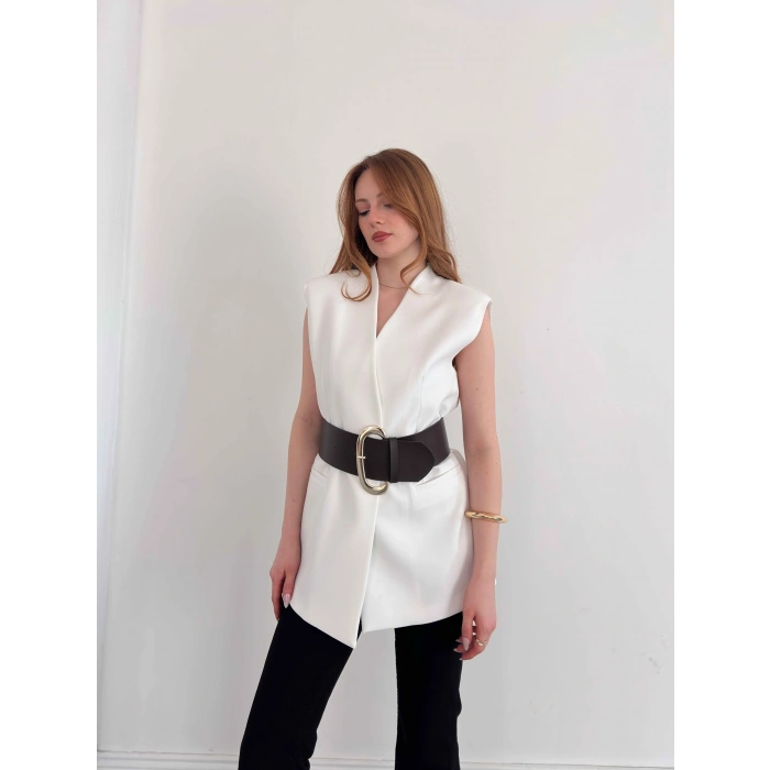 Kalın Kemer Detaylı Yelek Beyaz