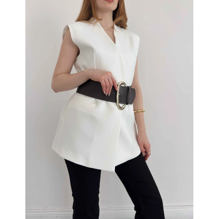 Kalın Kemer Detaylı Yelek Beyaz