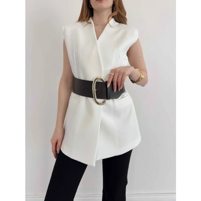 Kalın Kemer Detaylı Yelek Beyaz