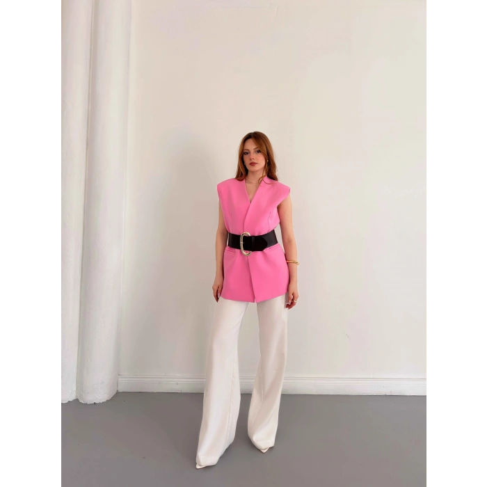 Kalın Kemer Detaylı Yelek Pembe