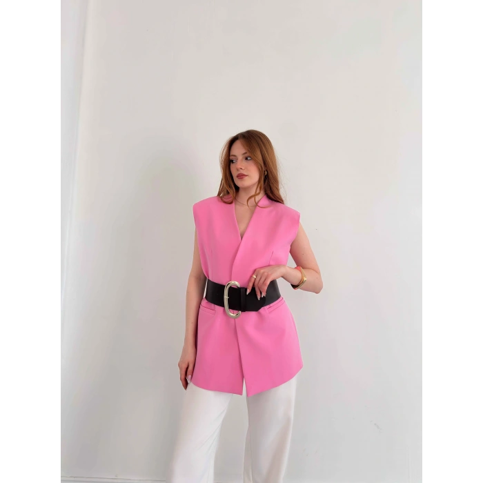 Kalın Kemer Detaylı Yelek Pembe