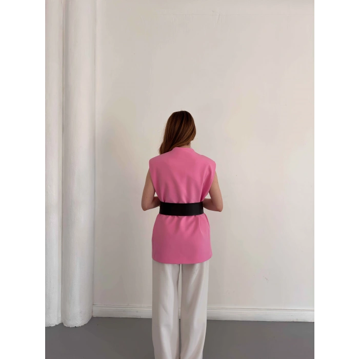 Kalın Kemer Detaylı Yelek Pembe