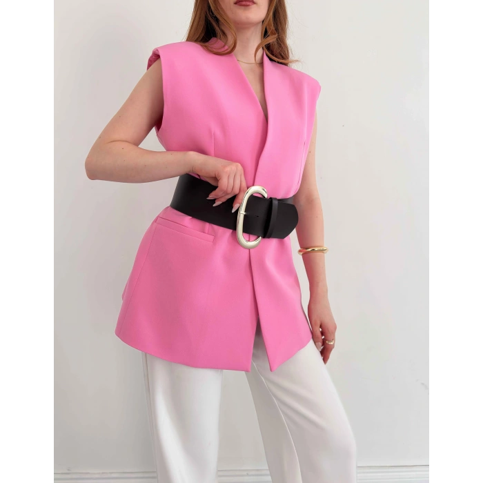 Kalın Kemer Detaylı Yelek Pembe