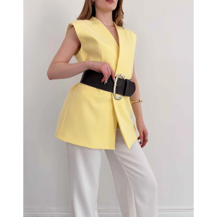 Kalın Kemer Detaylı Yelek Sarı