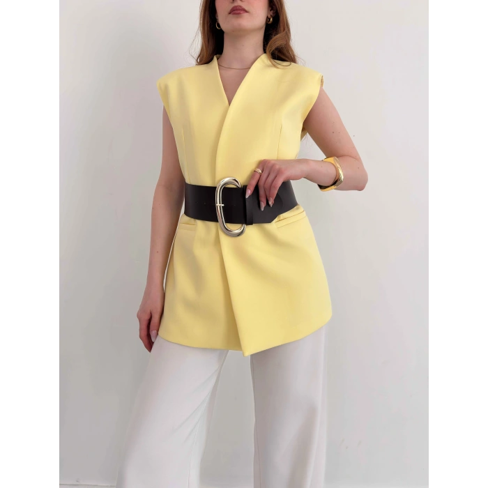 Kalın Kemer Detaylı Yelek Sarı