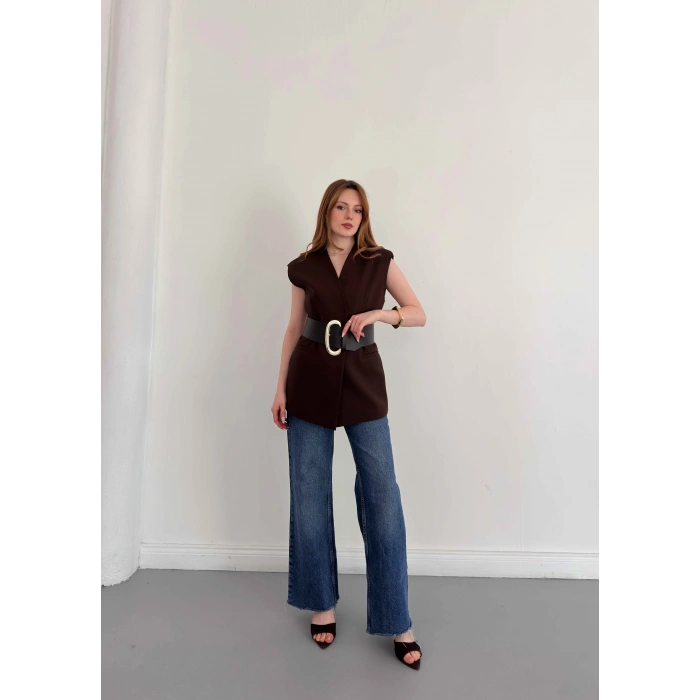 Kalın Kemer Detaylı Yelek Kahve