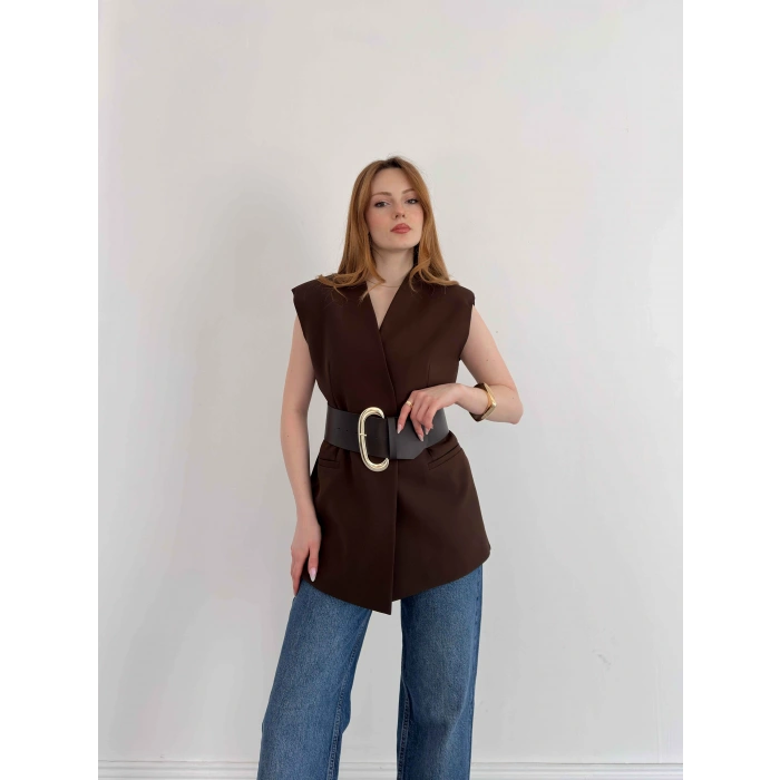 Kalın Kemer Detaylı Yelek Kahve