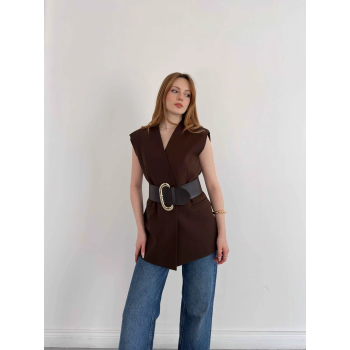 Kalın Kemer Detaylı Yelek Kahve