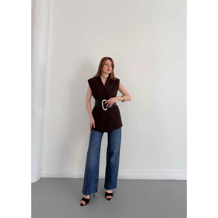 Kalın Kemer Detaylı Yelek Kahve