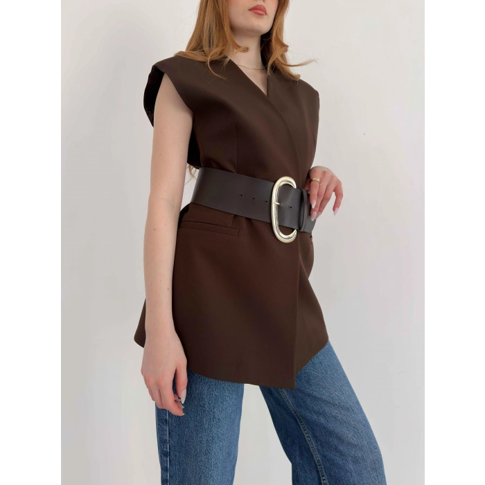 Kalın Kemer Detaylı Yelek Kahve
