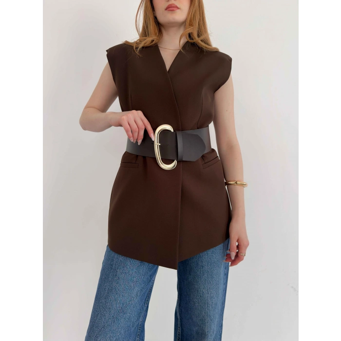 Kalın Kemer Detaylı Yelek Kahve